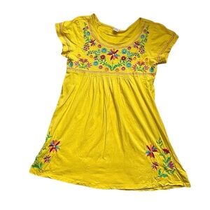 Women’s Mexican yellow embroidered floral print peasant cotton boho tunic dress